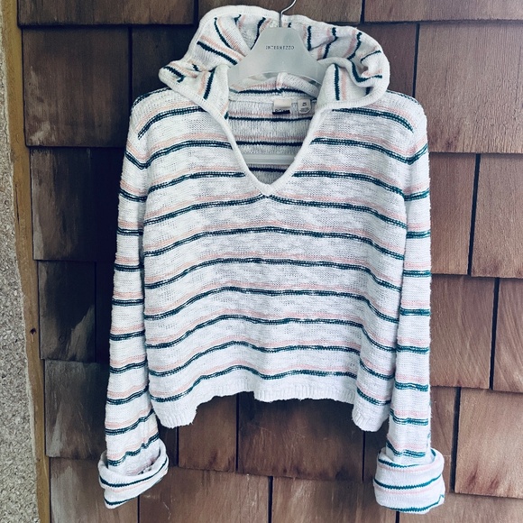 Roxy Short Pullover Hooded Sweater White Pink Green Stripe Boho Beach Size SP - Picture 1 of 13